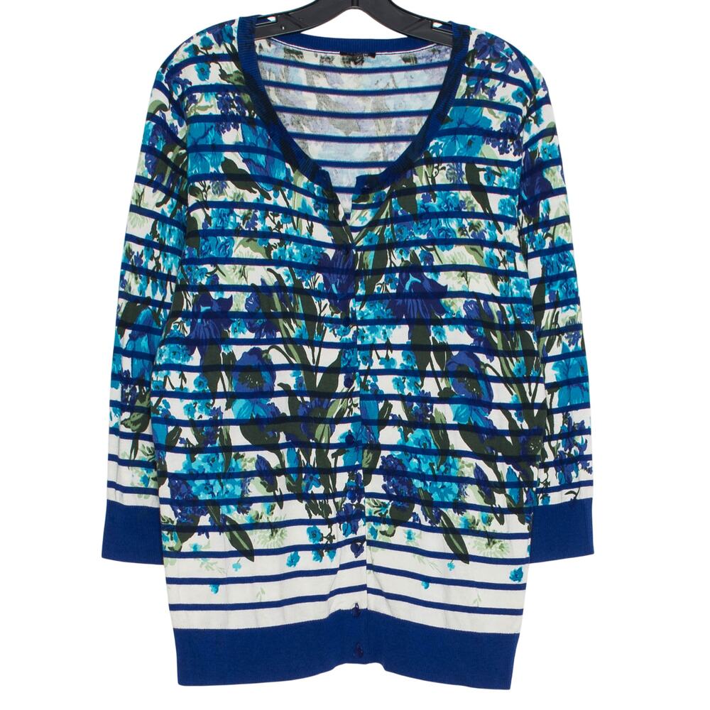 Talbots Cardigan Sweater Floral Cottage Preppy Casual Button Up Stripe Blue 0X